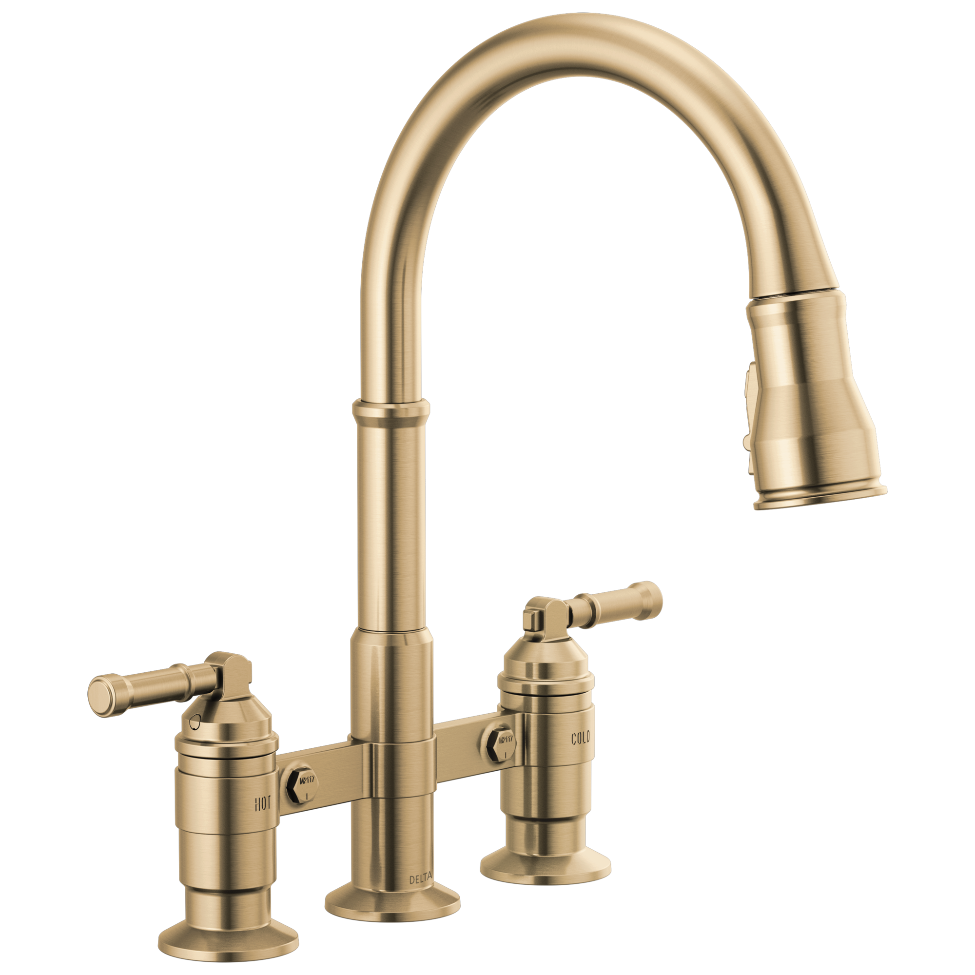 Delta Broderick Two Handle Pull-Down Bridge Kitchen Faucet by Delta