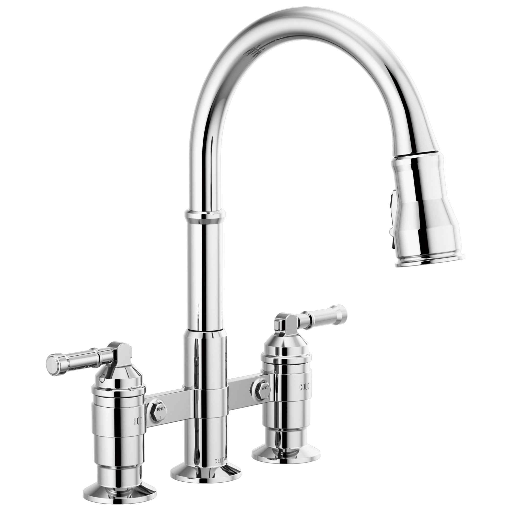 Delta Broderick Two Handle Pull-Down Bridge Kitchen Faucet by Delta