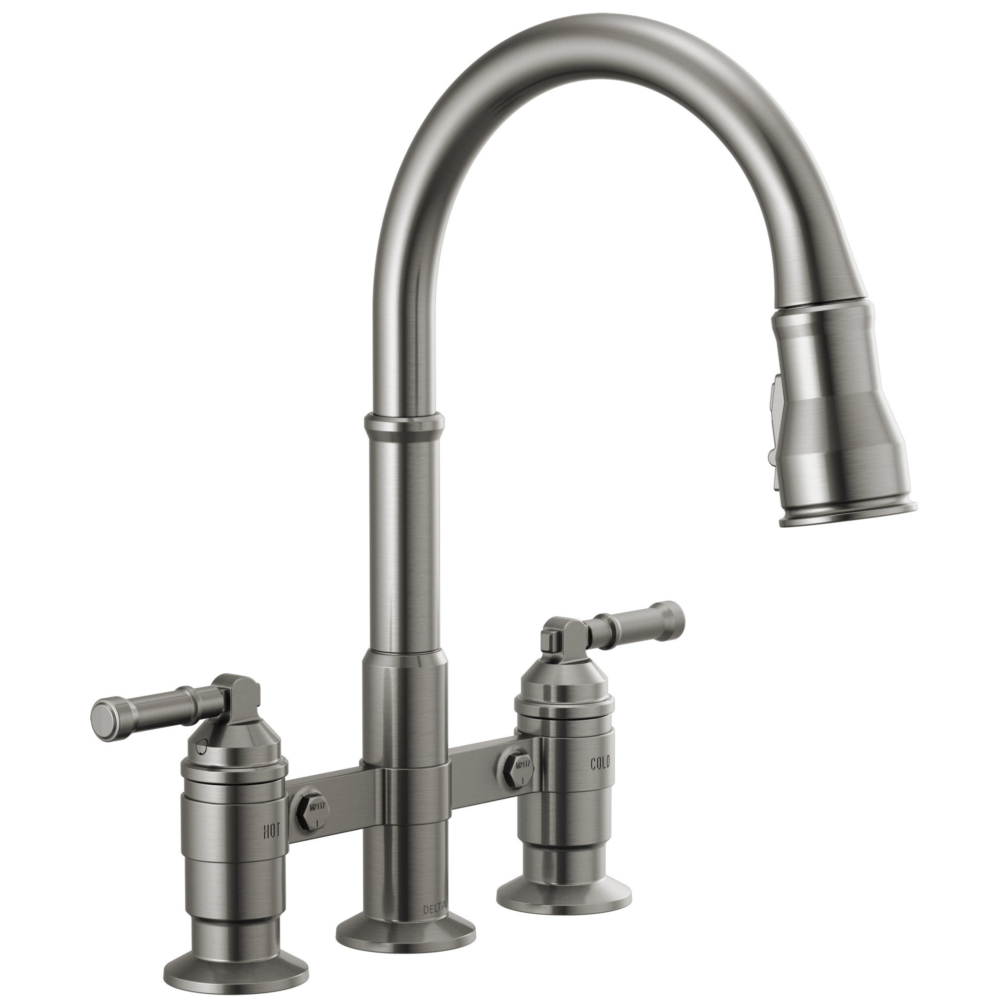 Delta Broderick Two Handle Pull-Down Bridge Kitchen Faucet by Delta