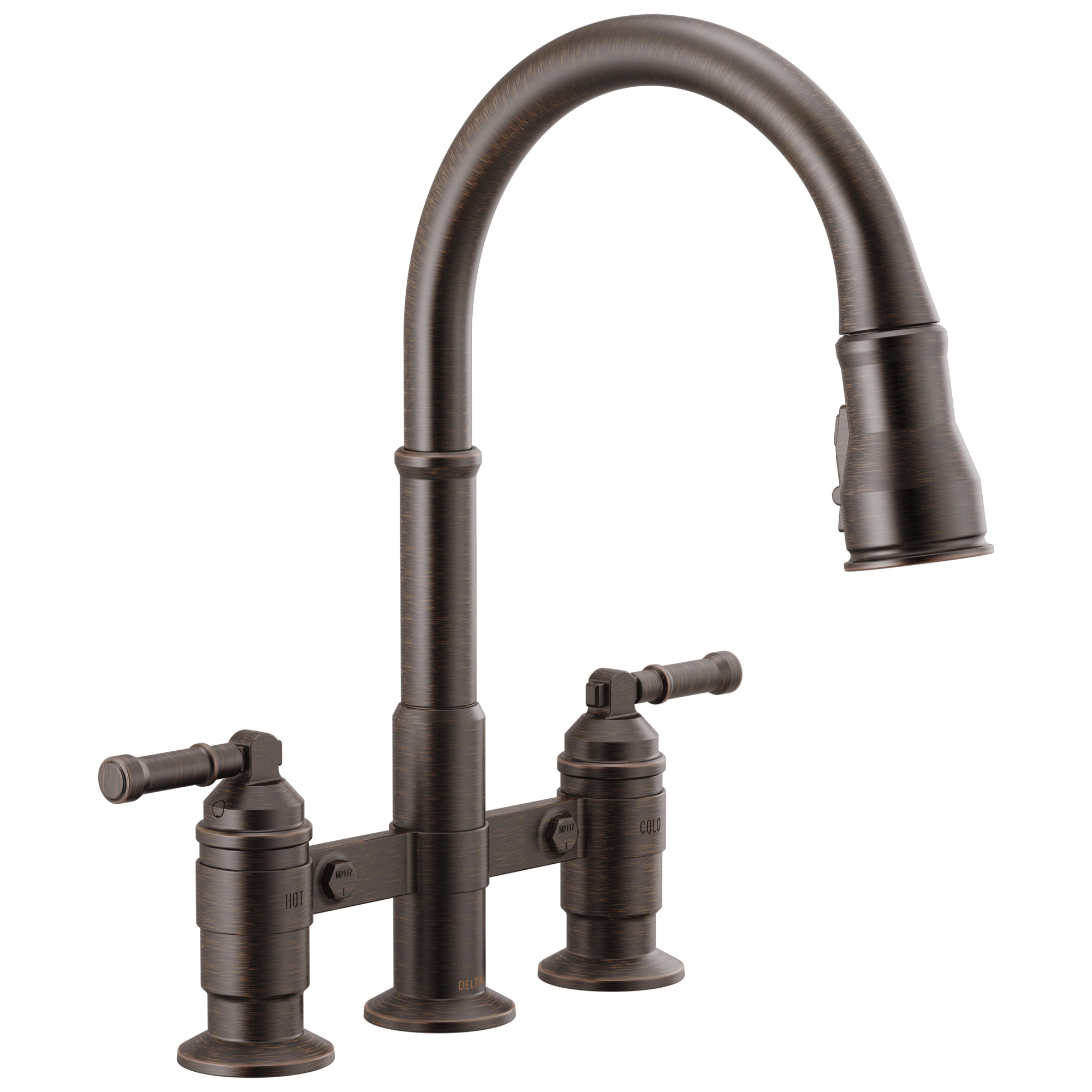 Delta Broderick Two Handle Pull-Down Bridge Kitchen Faucet by Delta