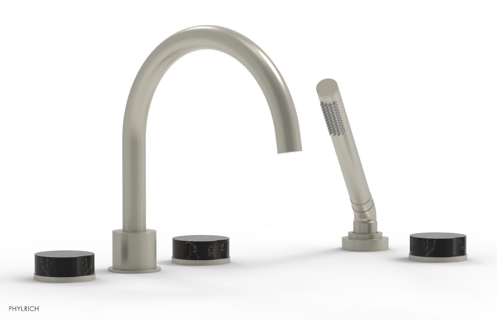 Phylrich CIRC Deck Tub Set with Hand Shower - High Spout Black Marble Handles