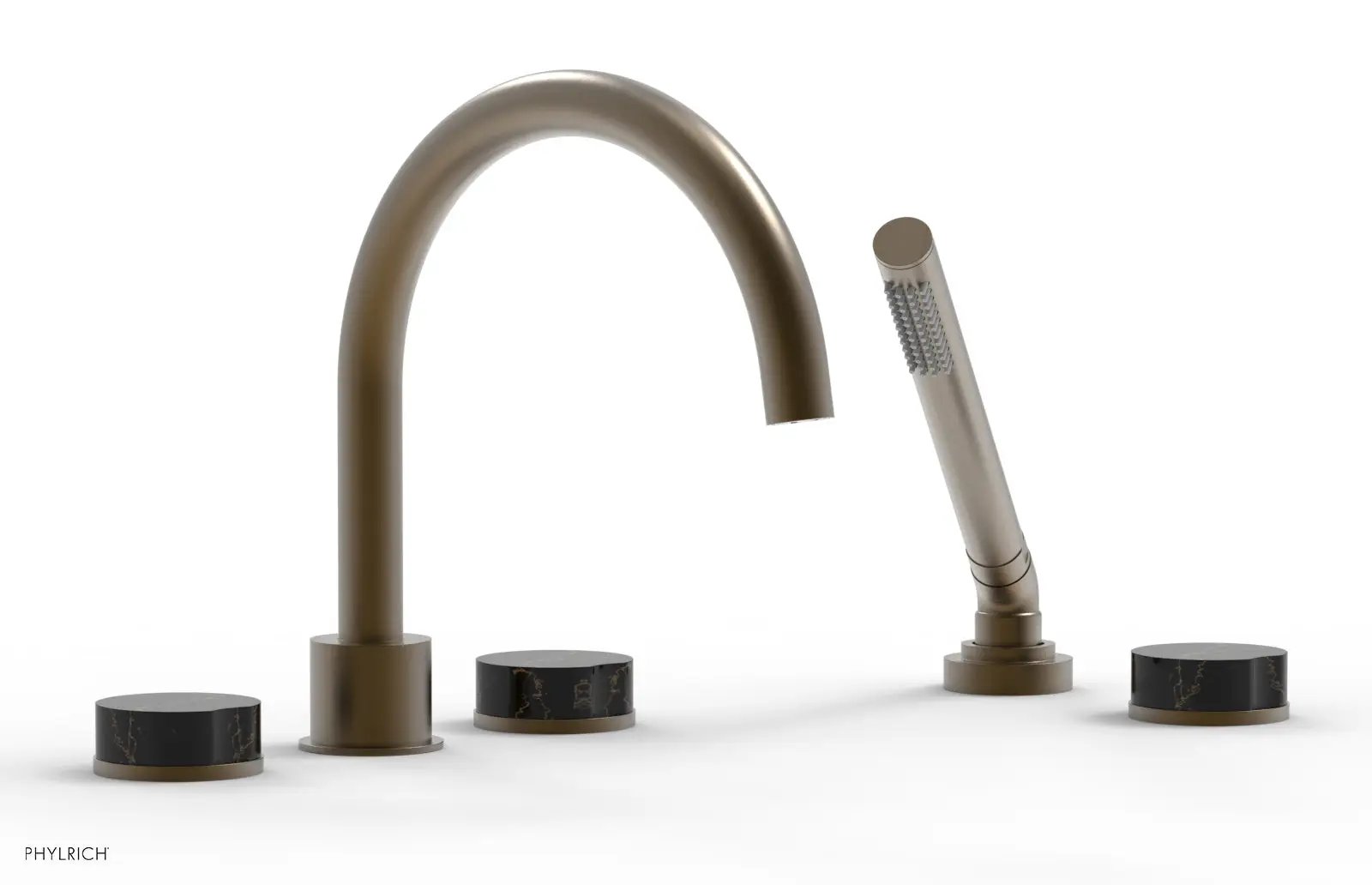 Phylrich CIRC Deck Tub Set with Hand Shower - High Spout Black Marble Handles by Phylrich