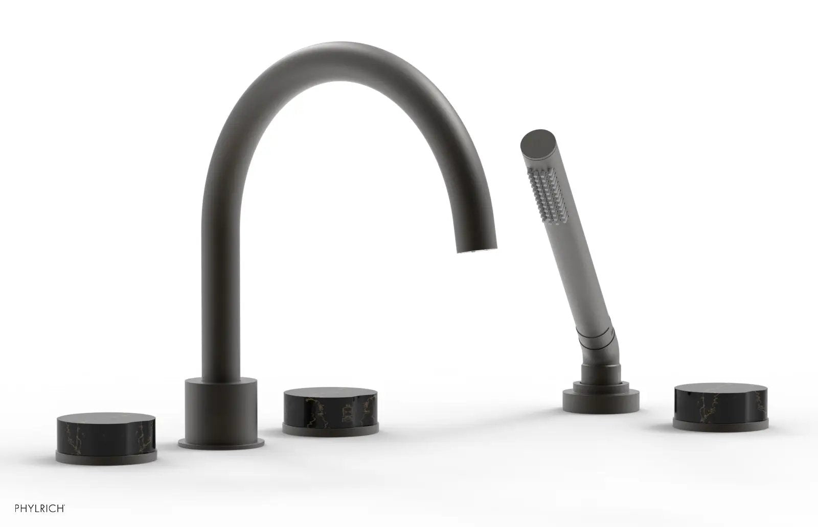 Phylrich CIRC Deck Tub Set with Hand Shower - High Spout Black Marble Handles by Phylrich