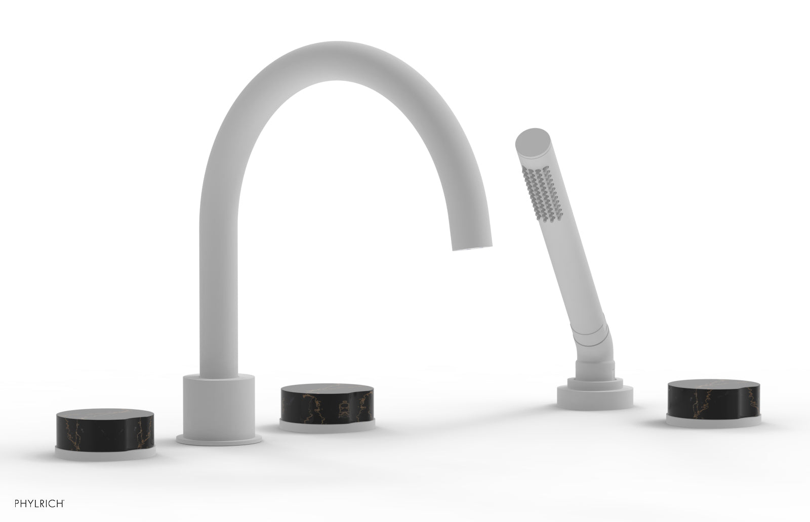 Phylrich CIRC Deck Tub Set with Hand Shower - High Spout Black Marble Handles