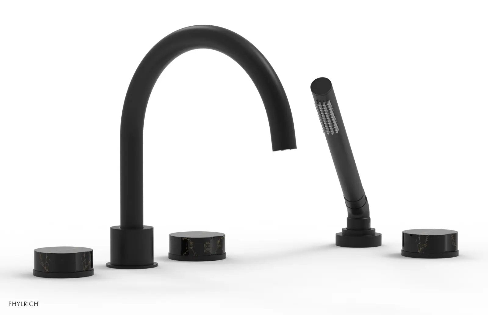 Phylrich CIRC Deck Tub Set with Hand Shower - High Spout Black Marble Handles by Phylrich