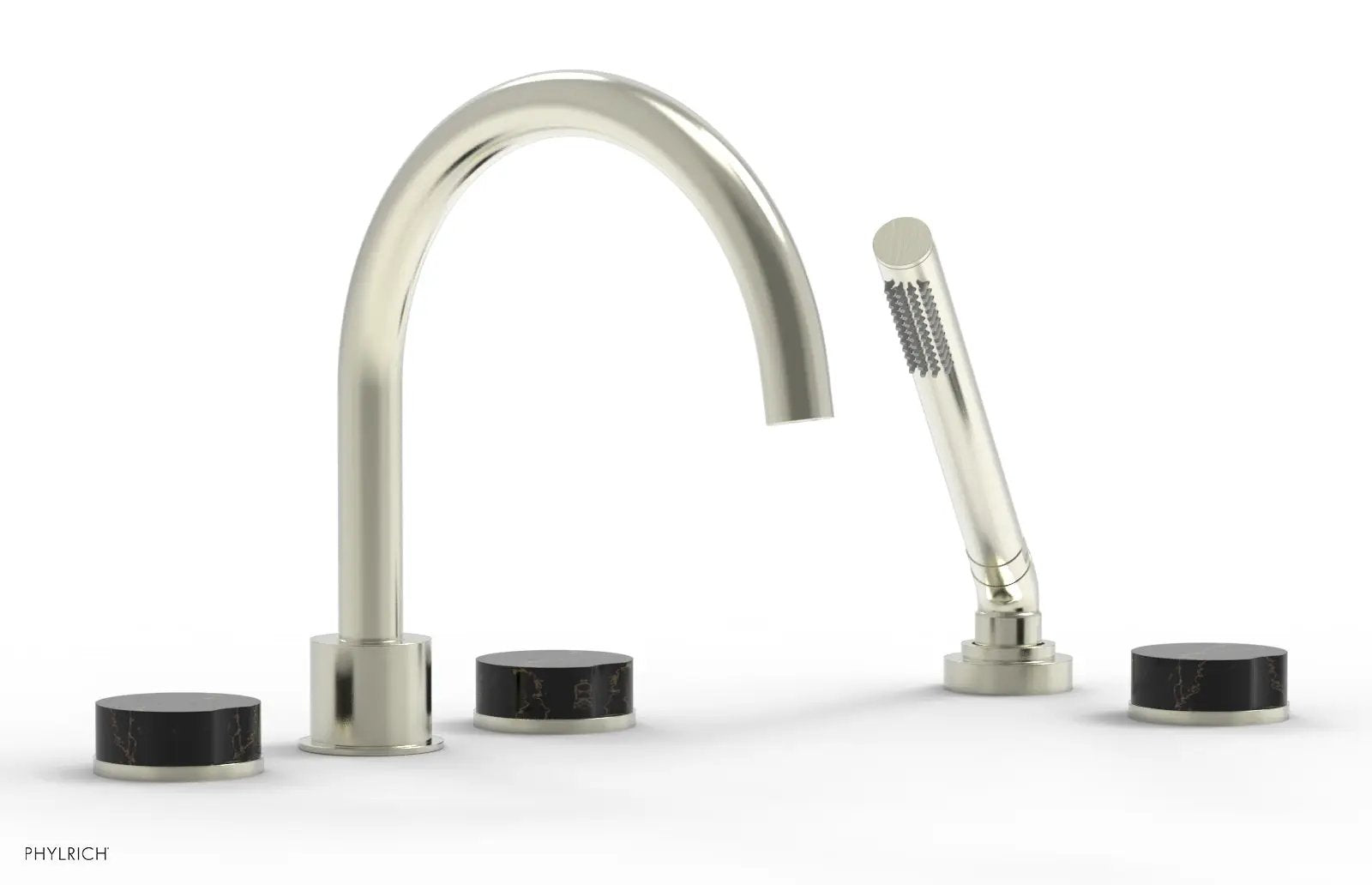 Phylrich CIRC Deck Tub Set with Hand Shower - High Spout Black Marble Handles by Phylrich