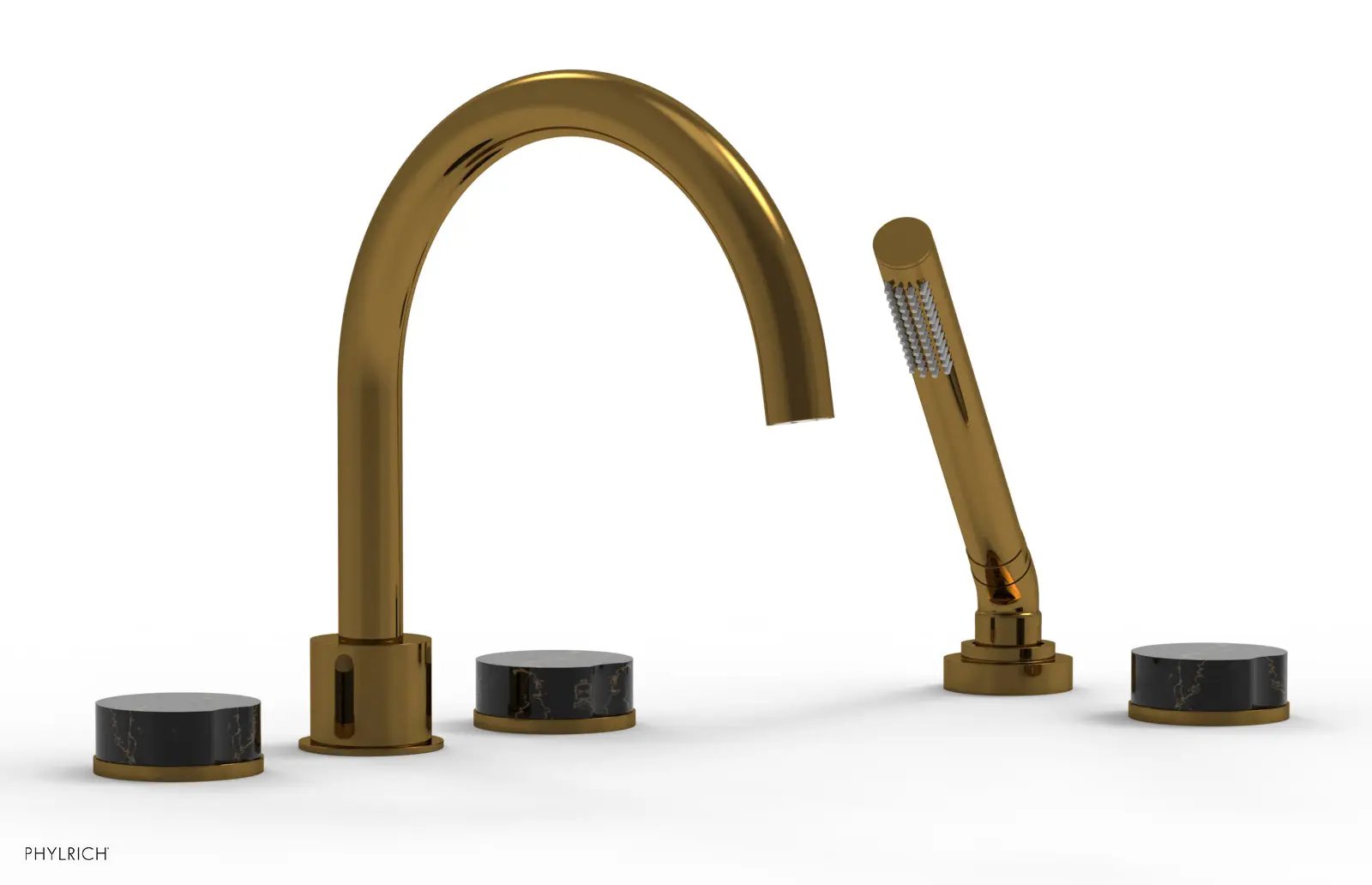 Phylrich CIRC Deck Tub Set with Hand Shower - High Spout Black Marble Handles by Phylrich