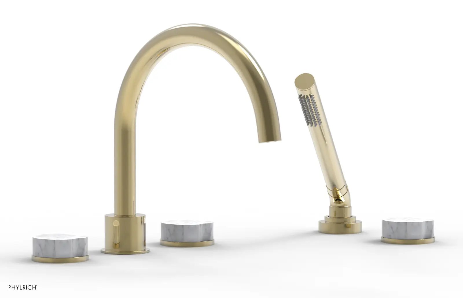 Phylrich CIRC Deck Tub Set with Hand Shower - High Spout White Marble Handles by Phylrich