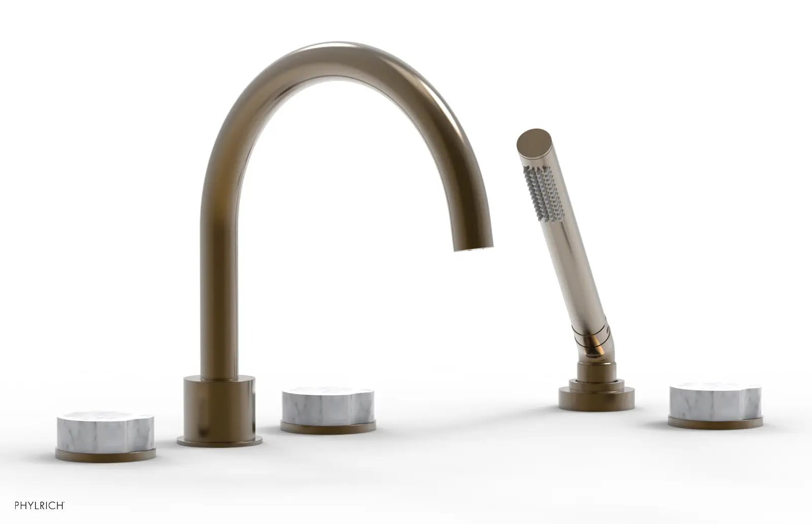 Phylrich CIRC Deck Tub Set with Hand Shower - High Spout White Marble Handles by Phylrich