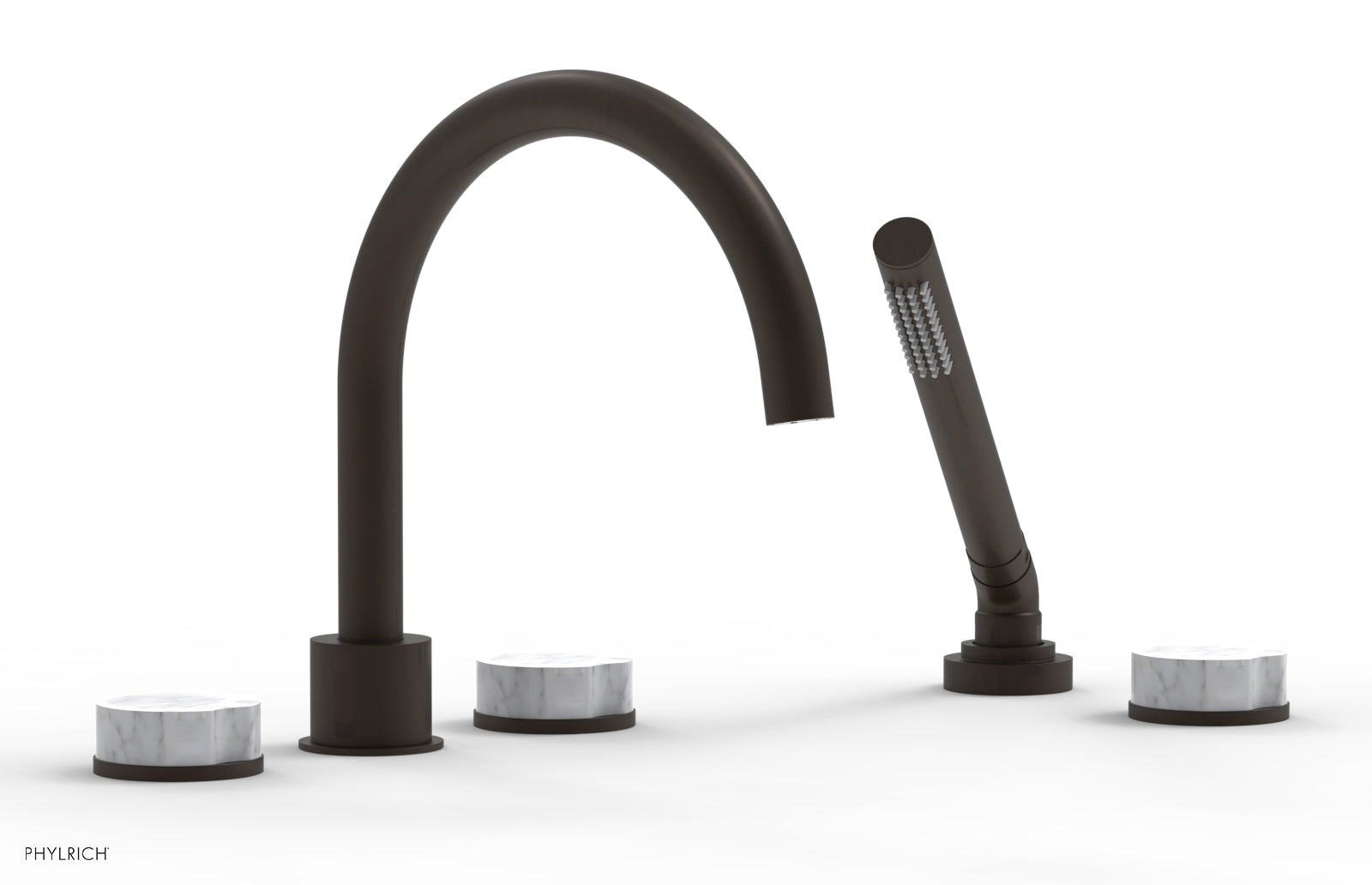 Phylrich CIRC Deck Tub Set with Hand Shower - High Spout White Marble Handles