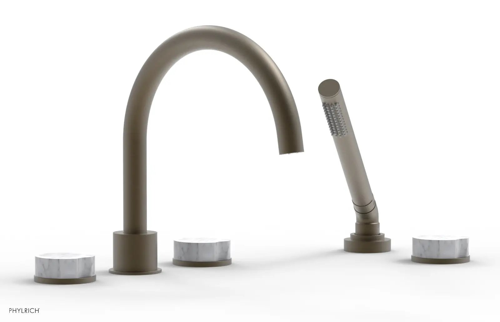 Phylrich CIRC Deck Tub Set with Hand Shower - High Spout White Marble Handles by Phylrich