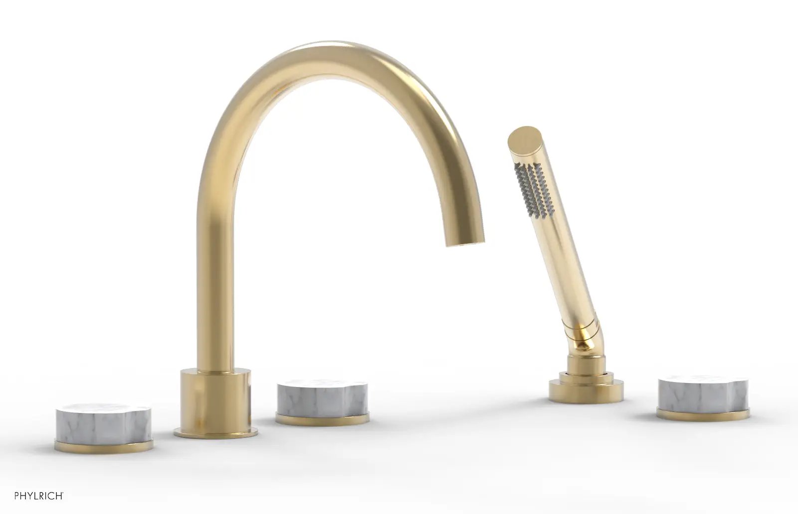 Phylrich CIRC Deck Tub Set with Hand Shower - High Spout White Marble Handles by Phylrich