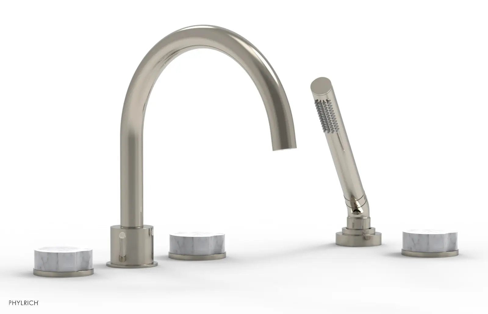 Phylrich CIRC Deck Tub Set with Hand Shower - High Spout White Marble Handles by Phylrich