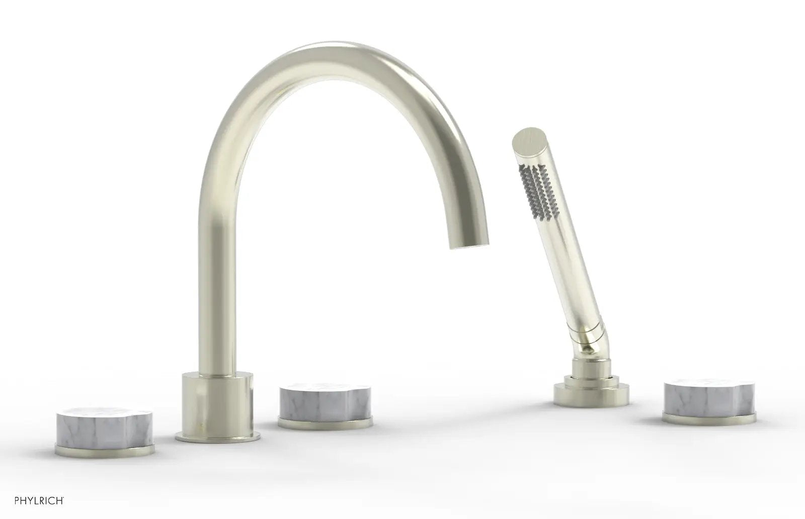 Phylrich CIRC Deck Tub Set with Hand Shower - High Spout White Marble Handles by Phylrich