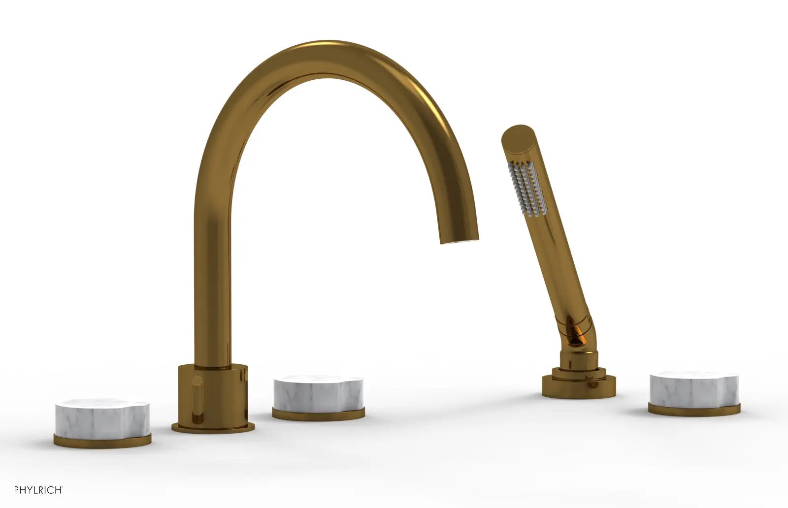 Phylrich CIRC Deck Tub Set with Hand Shower - High Spout White Marble Handles by Phylrich
