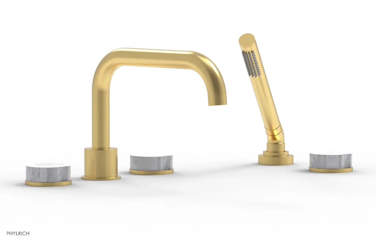 Phylrich CIRC Deck Tub Set with Hand Shower - White Marble Handles by Phylrich