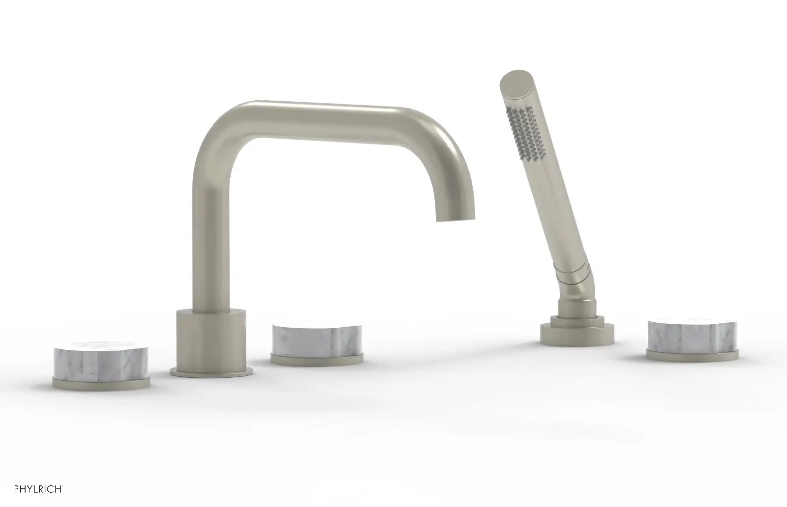 Phylrich CIRC Deck Tub Set with Hand Shower - White Marble Handles by Phylrich