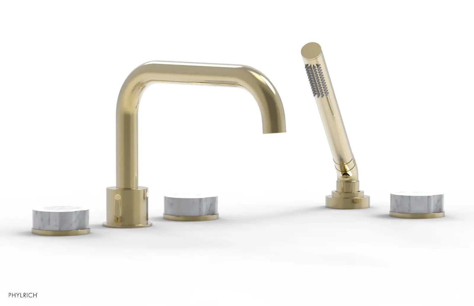Phylrich CIRC Deck Tub Set with Hand Shower - White Marble Handles by Phylrich