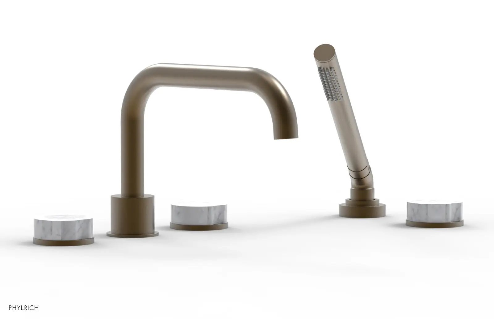 Phylrich CIRC Deck Tub Set with Hand Shower - White Marble Handles by Phylrich