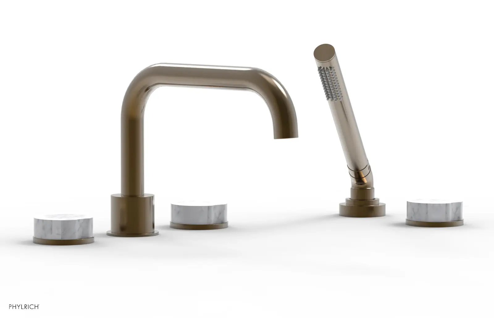 Phylrich CIRC Deck Tub Set with Hand Shower - White Marble Handles by Phylrich