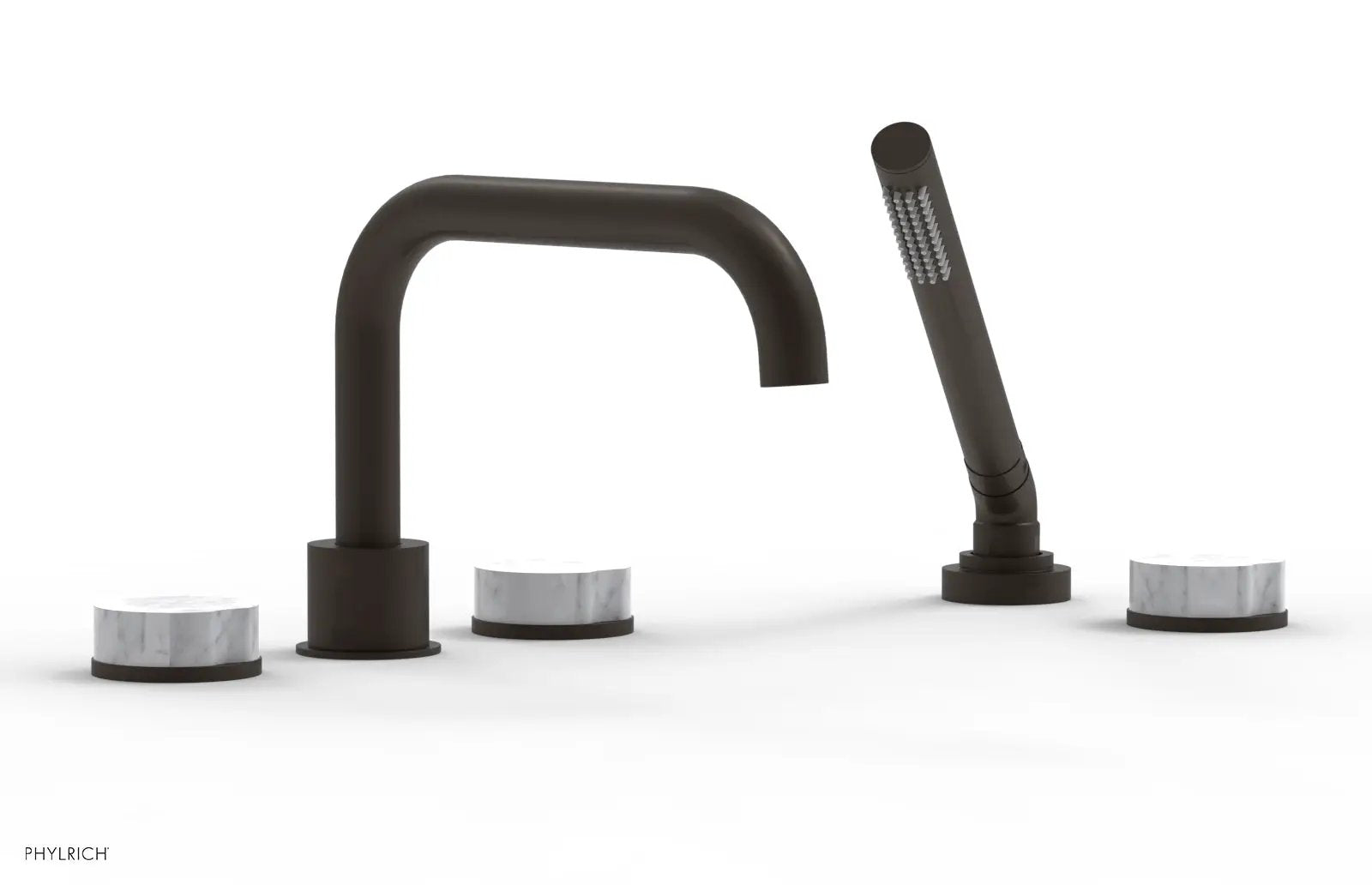 Phylrich CIRC Deck Tub Set with Hand Shower - White Marble Handles by Phylrich