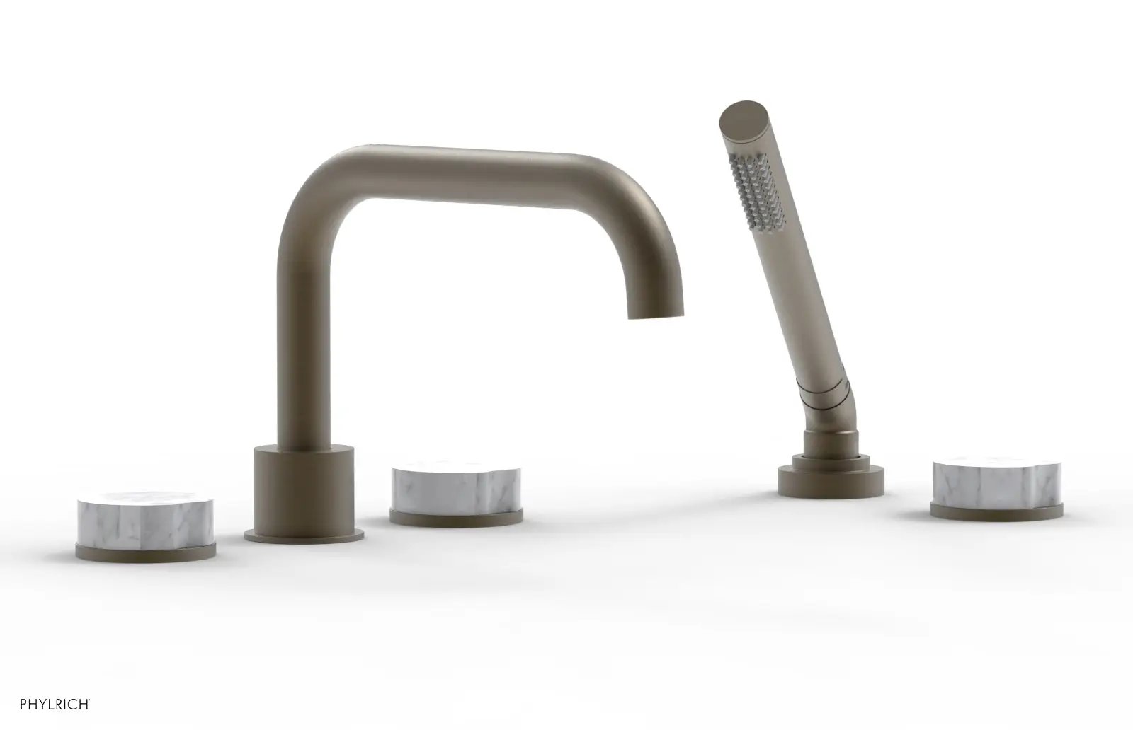 Phylrich CIRC Deck Tub Set with Hand Shower - White Marble Handles by Phylrich
