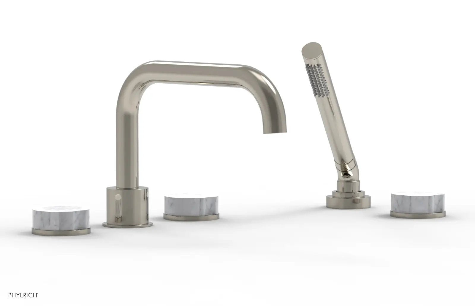 Phylrich CIRC Deck Tub Set with Hand Shower - White Marble Handles by Phylrich