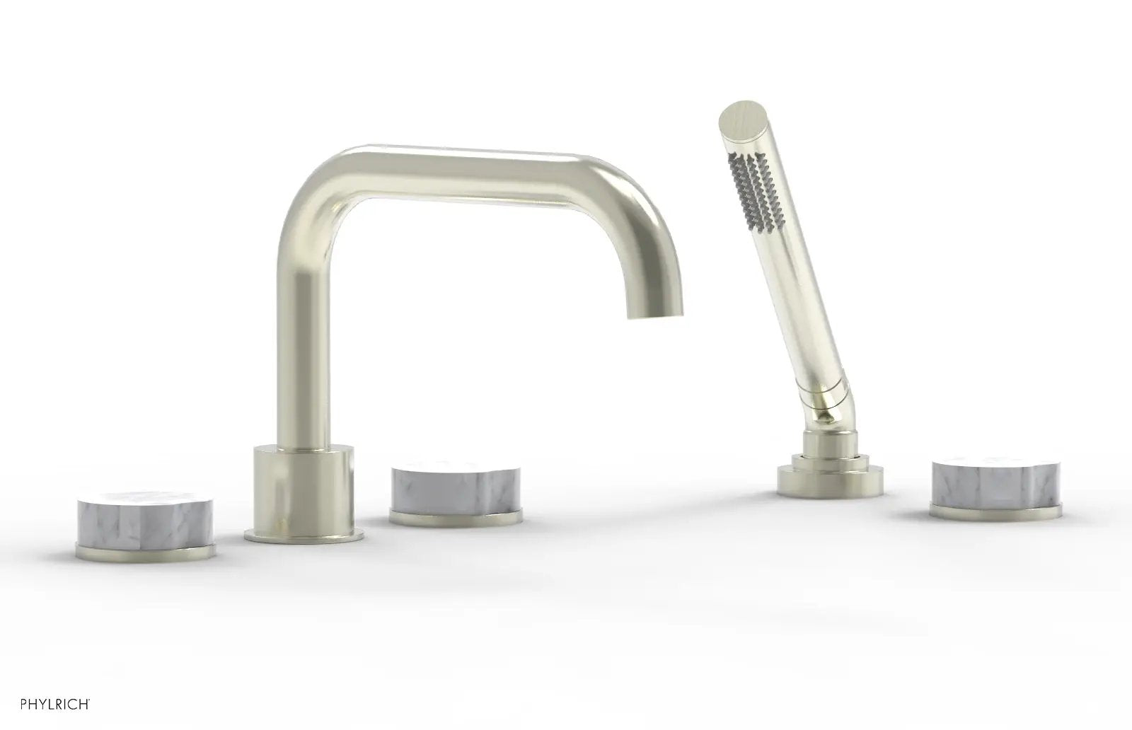 Phylrich CIRC Deck Tub Set with Hand Shower - White Marble Handles by Phylrich