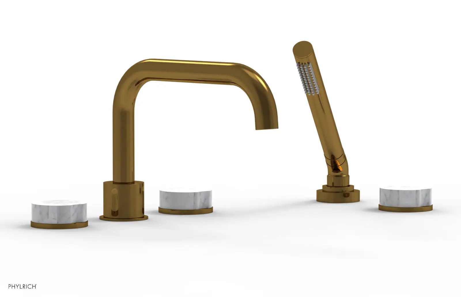 Phylrich CIRC Deck Tub Set with Hand Shower - White Marble Handles by Phylrich