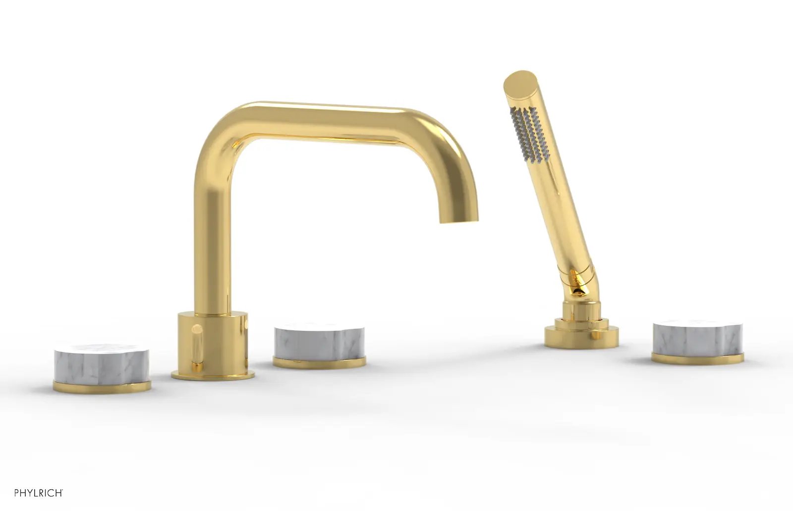 Phylrich CIRC Deck Tub Set with Hand Shower - White Marble Handles by Phylrich