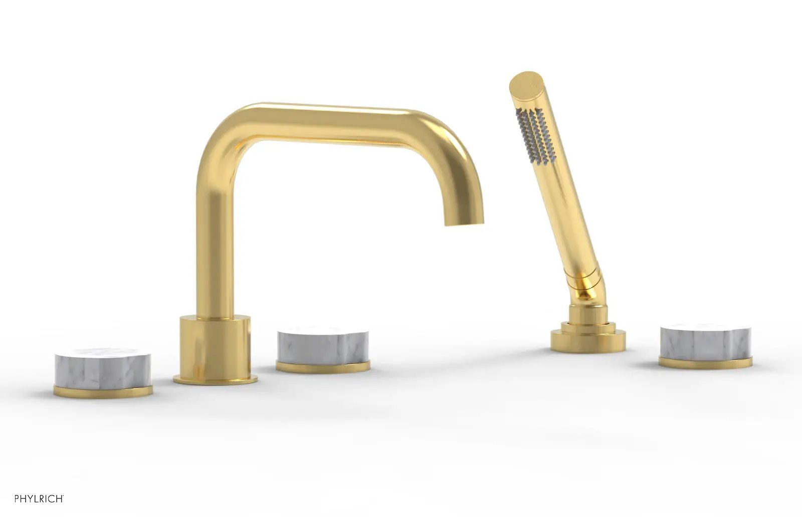 Phylrich CIRC Deck Tub Set with Hand Shower - White Marble Handles by Phylrich