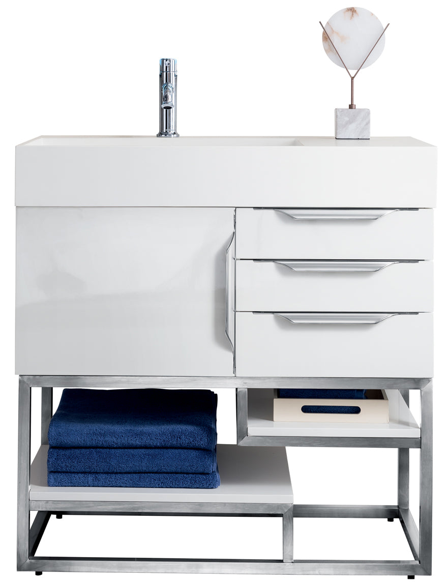 James Martin Vanities Columbia 36" Single Vanity With Brushed Nickel Base And Glossy White Composite Stone Top