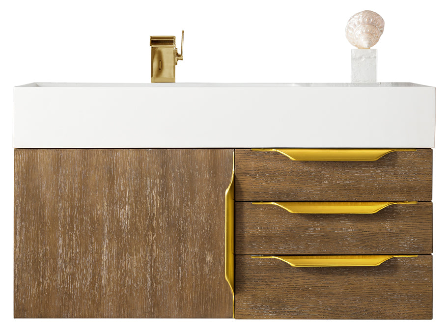 James Martin Vanities Columbia 36" Single Wall Mount Vanity With Radiant Gold Base and Glossy White Composite Stone Top