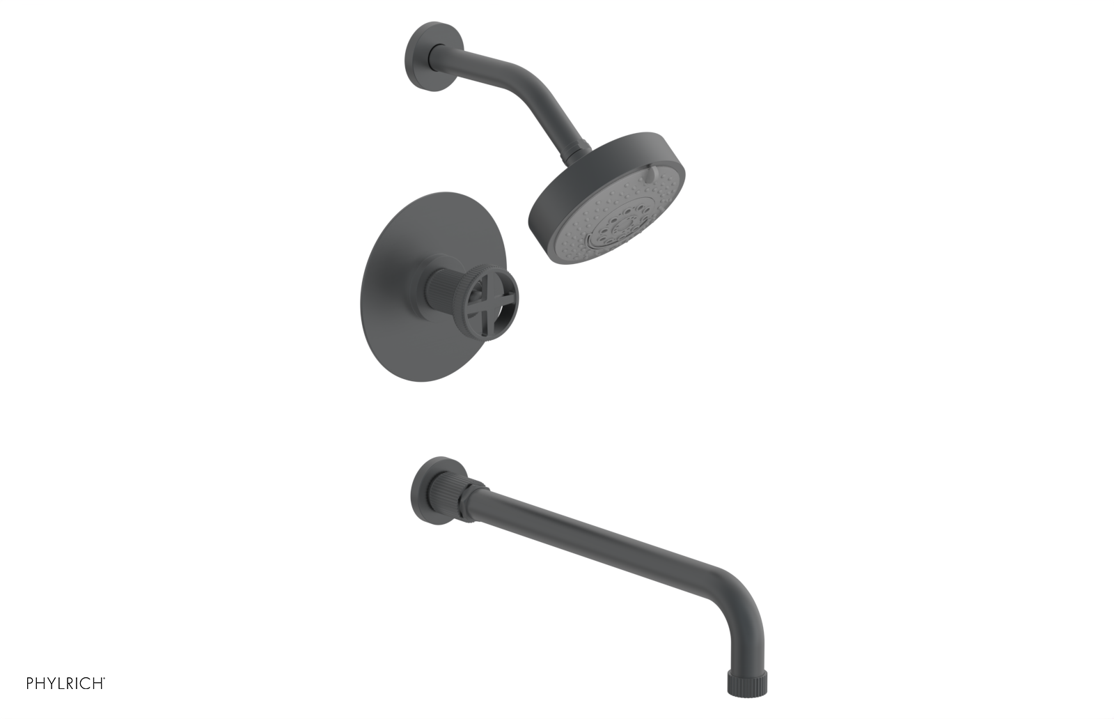 Phylrich Dustrie Grooved 14" Spout Pressure Balance Tub and Shower Set with Cross Handle