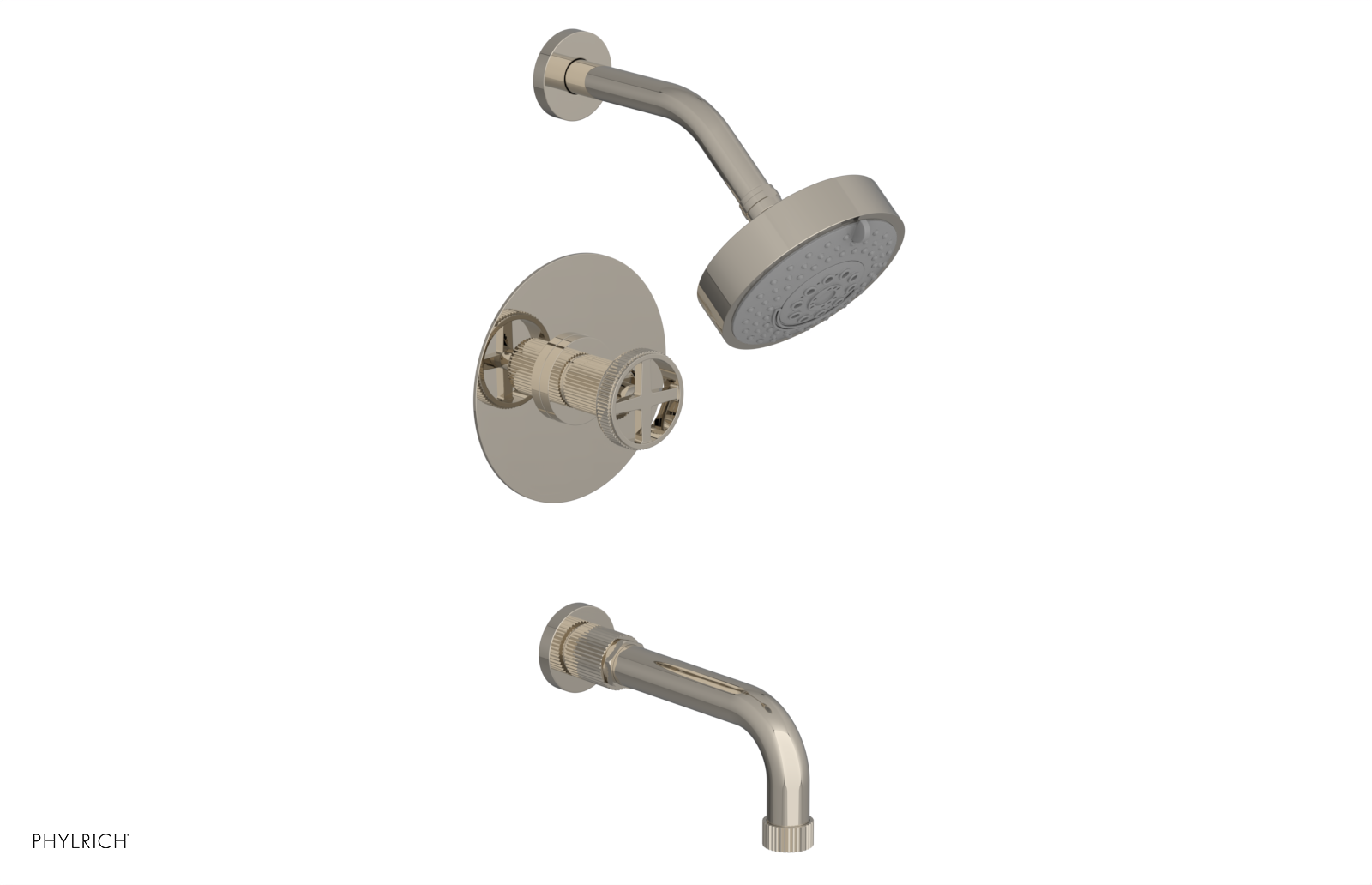 Phylrich Dustrie Grooved 7 5/8" Spout Pressure Balance Tub and Shower Set with Cross Handle
