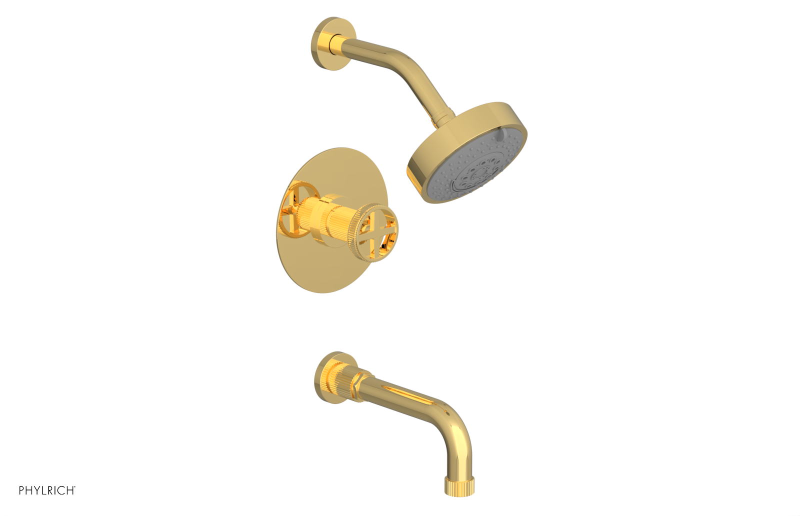 Phylrich Dustrie Grooved 7 5/8" Spout Pressure Balance Tub and Shower Set with Cross Handle