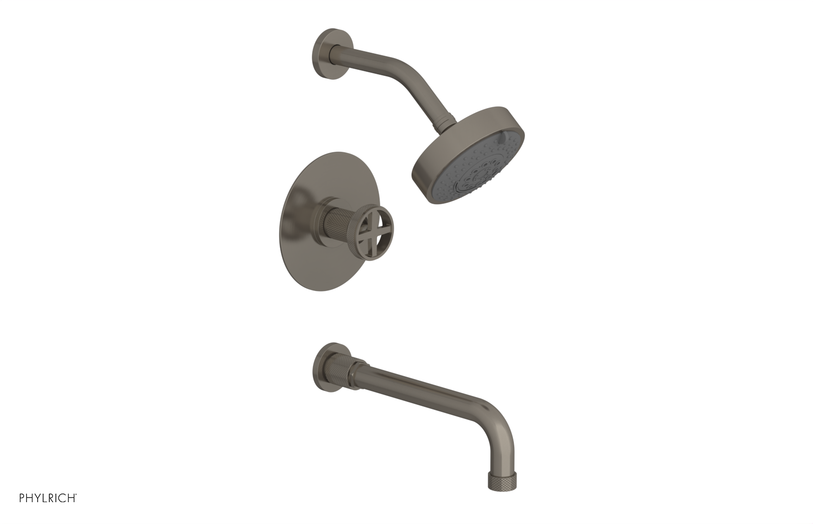 Phylrich Dustrie Knurled Pressure Balance Tub and Shower Set with 10" Spout and Cross Handle