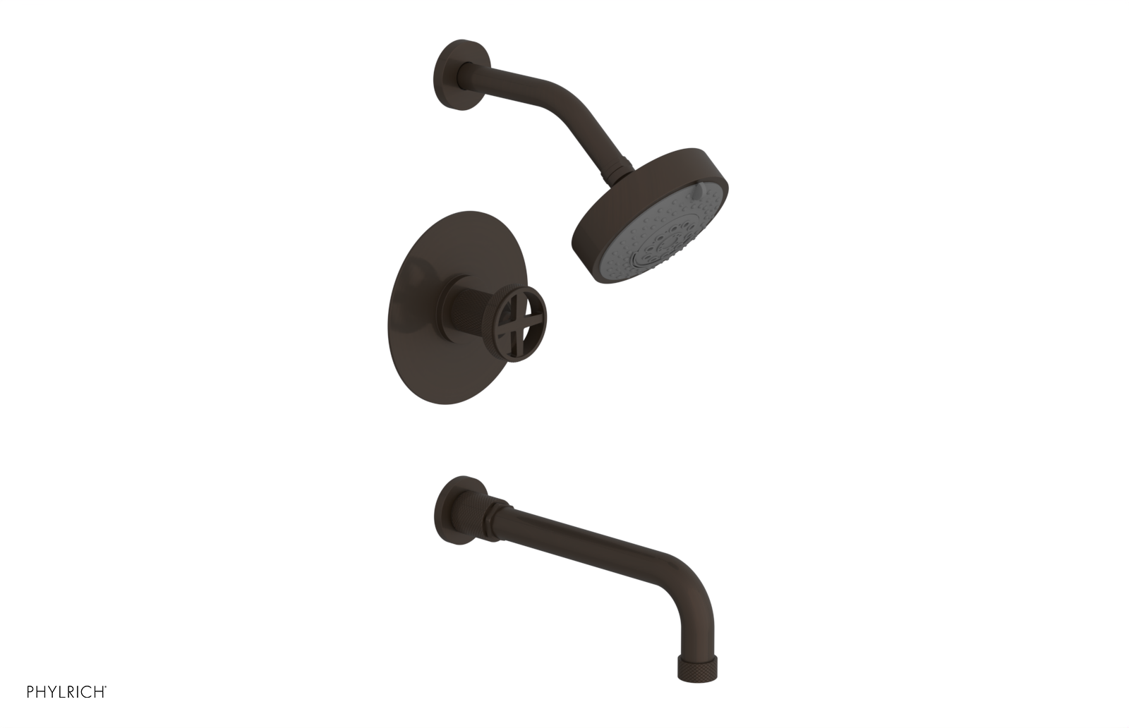Phylrich Dustrie Knurled Pressure Balance Tub and Shower Set with 10" Spout and Cross Handle