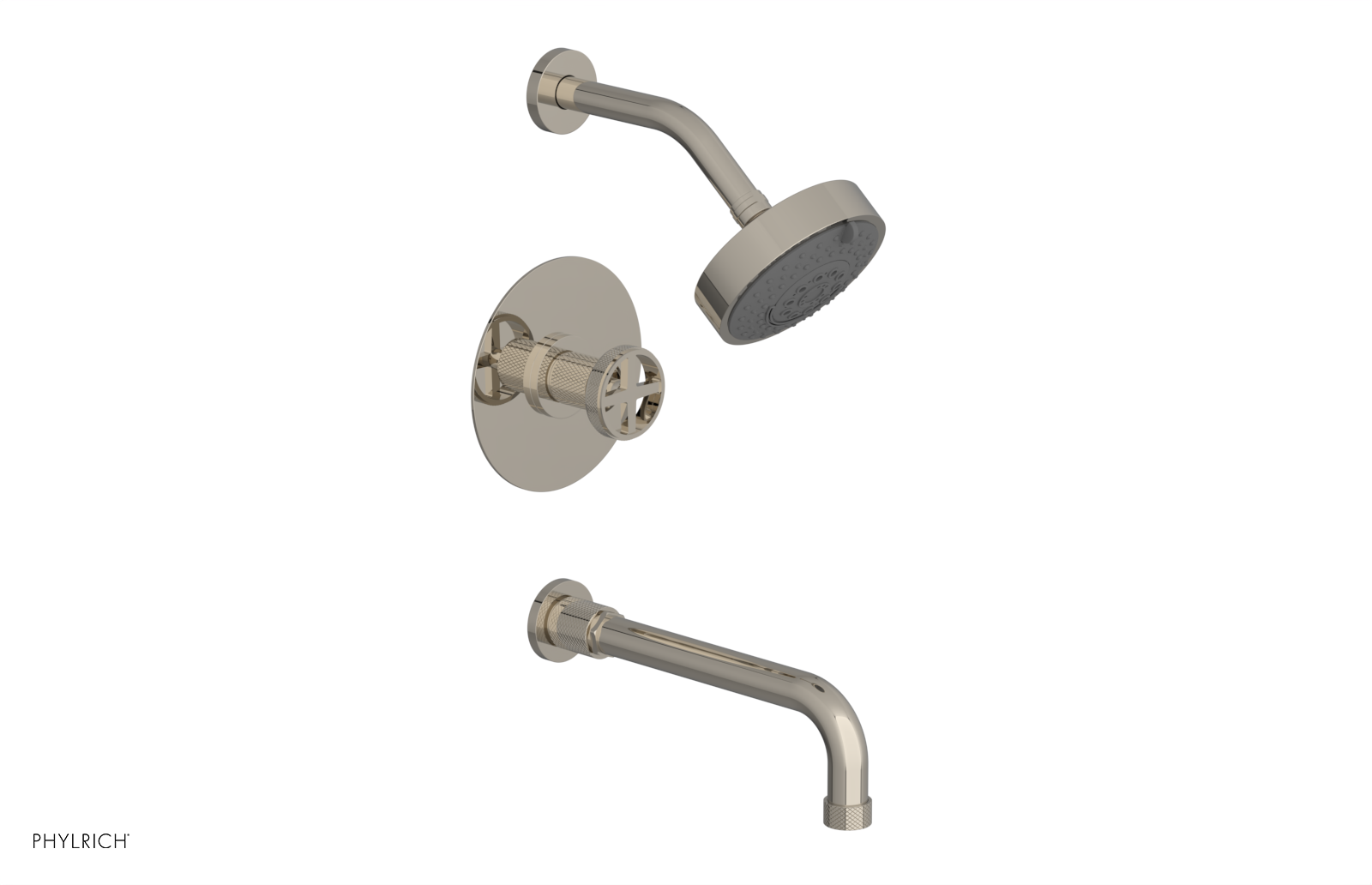 Phylrich Dustrie Knurled Pressure Balance Tub and Shower Set with 10" Spout and Cross Handle