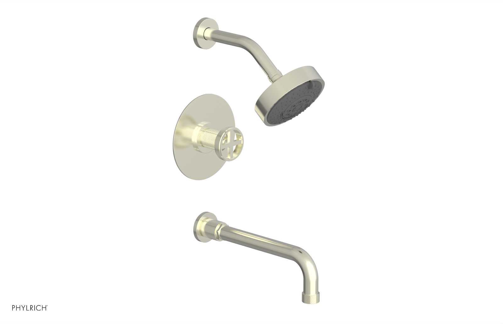 Phylrich Dustrie Knurled Pressure Balance Tub and Shower Set with 10" Spout and Cross Handle