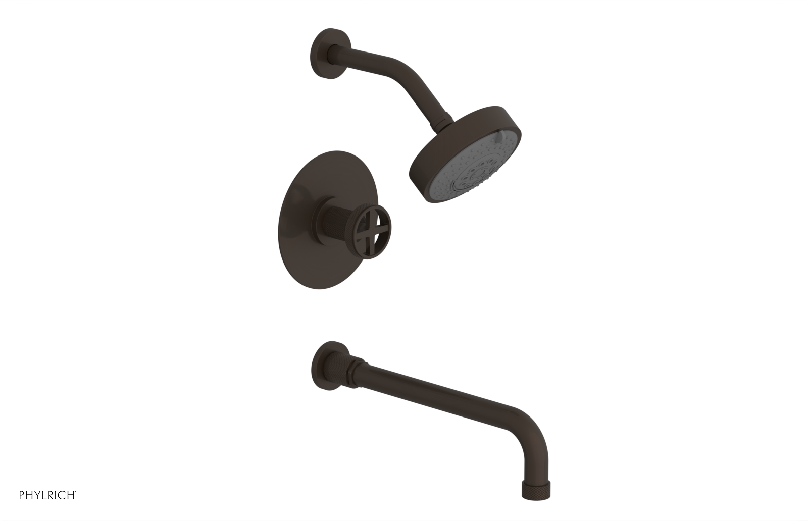 Phylrich Dustrie Knurled Pressure Balance Tub and Shower Set with 12" Spout and Cross Handle