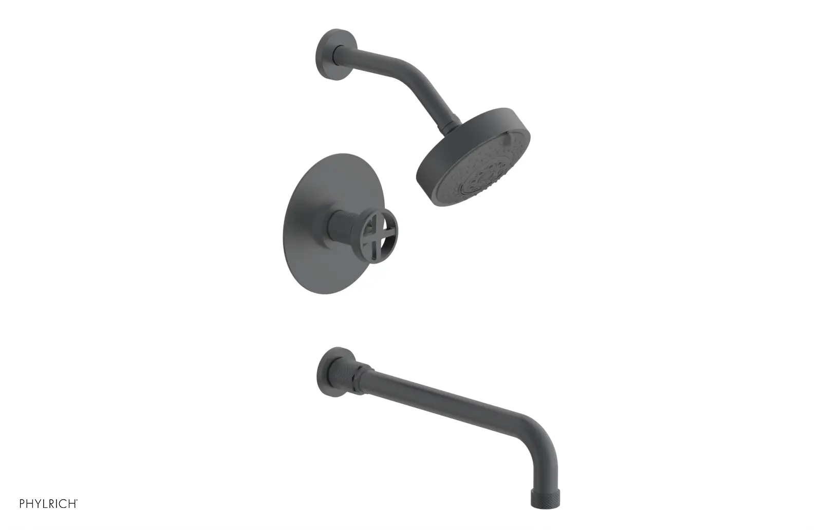 Phylrich Dustrie Knurled Pressure Balance Tub and Shower Set with 12" Spout and Cross Handle by Phylrich