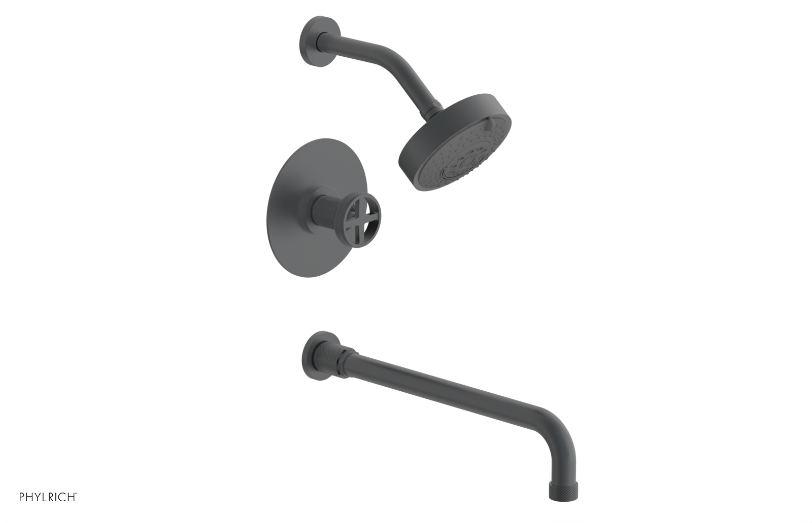 Phylrich Dustrie Knurled 14" Spout Pressure Balance Tub and Shower Set with Cross Handle