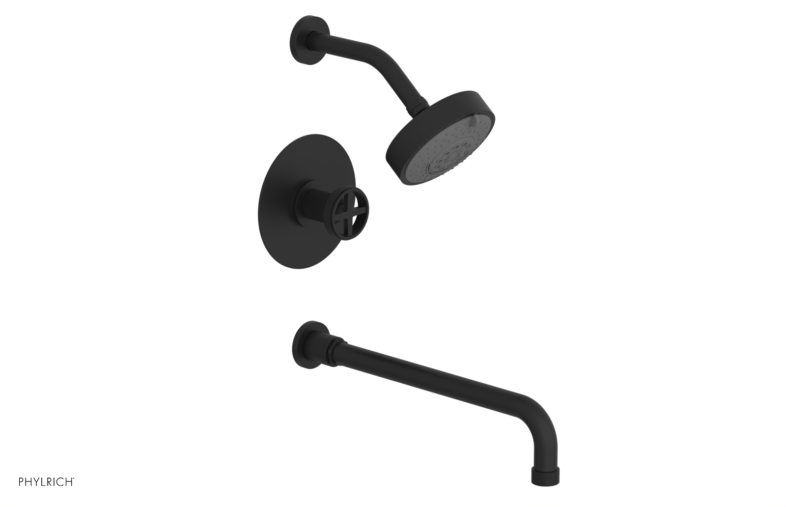 Phylrich Dustrie Knurled 14" Spout Pressure Balance Tub and Shower Set with Cross Handle