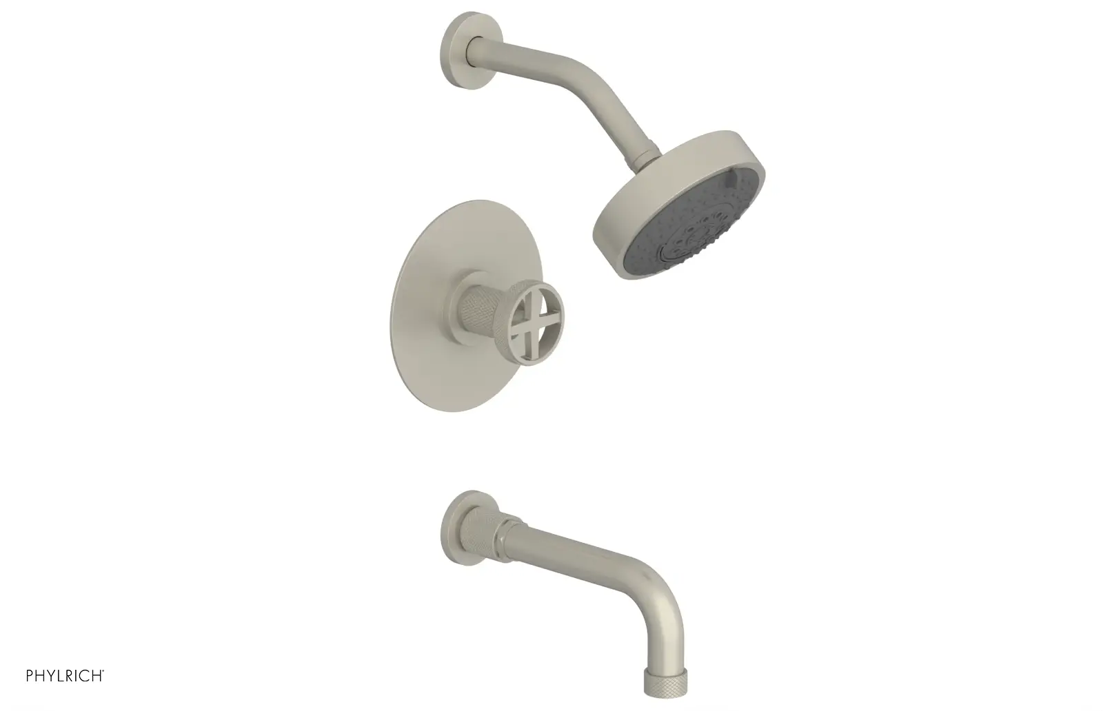 Phylrich Dustrie Knurled Pressure Balance Tub and Shower Set with 7 5/8" Spout and Cross Handle by Phylrich