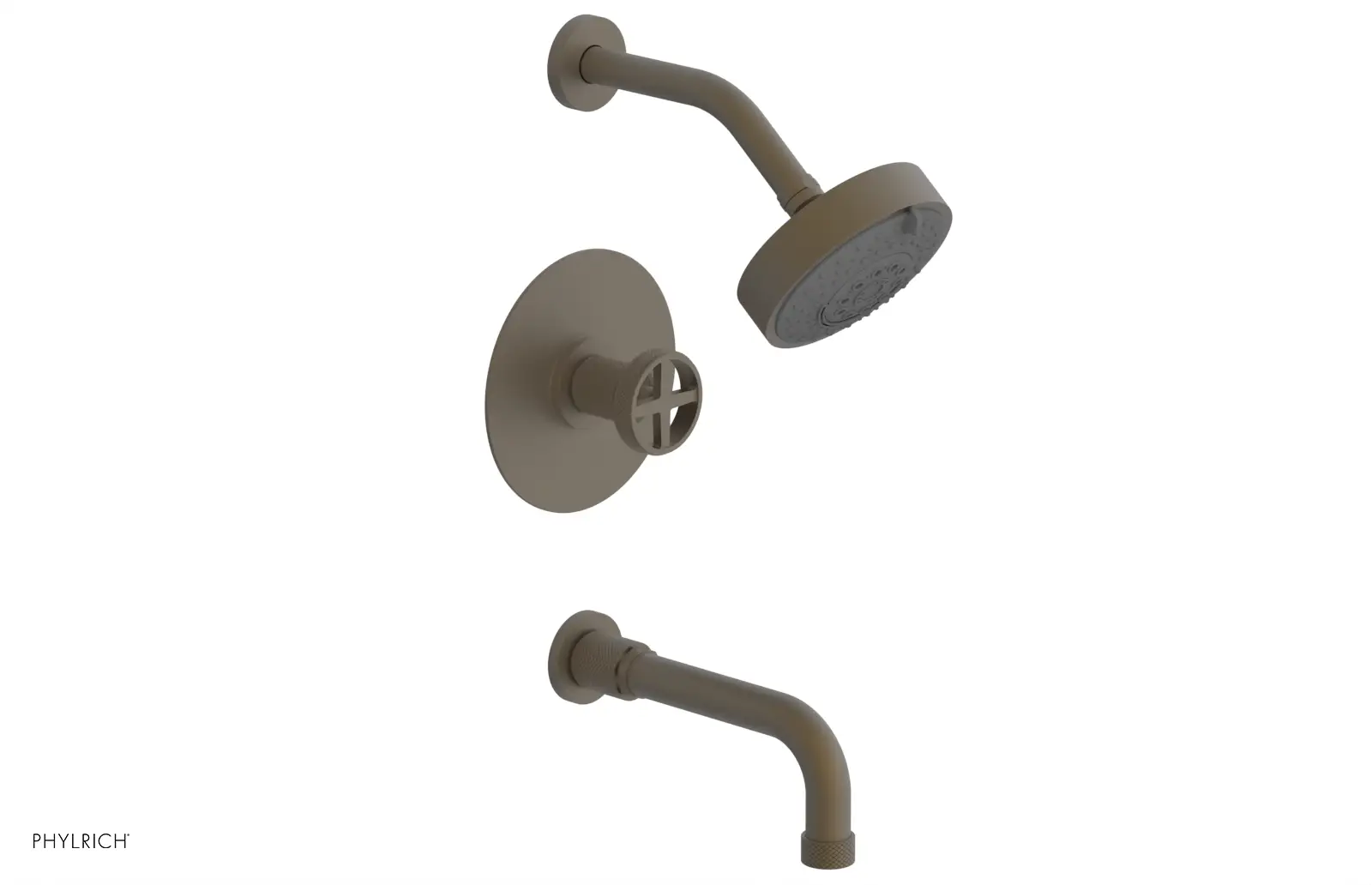 Phylrich Dustrie Knurled Pressure Balance Tub and Shower Set with 7 5/8" Spout and Cross Handle by Phylrich