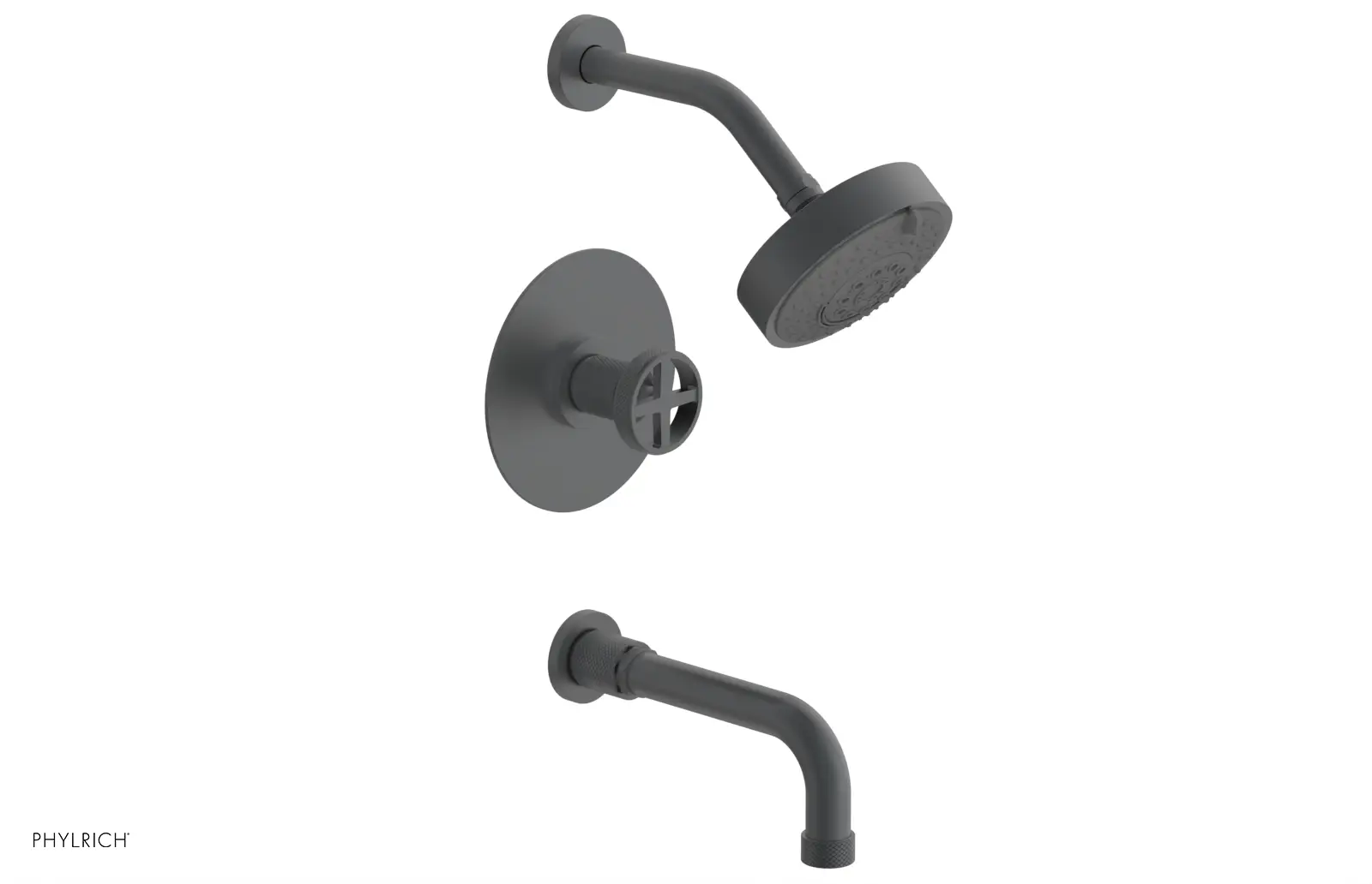 Phylrich Dustrie Knurled Pressure Balance Tub and Shower Set with 7 5/8" Spout and Cross Handle by Phylrich