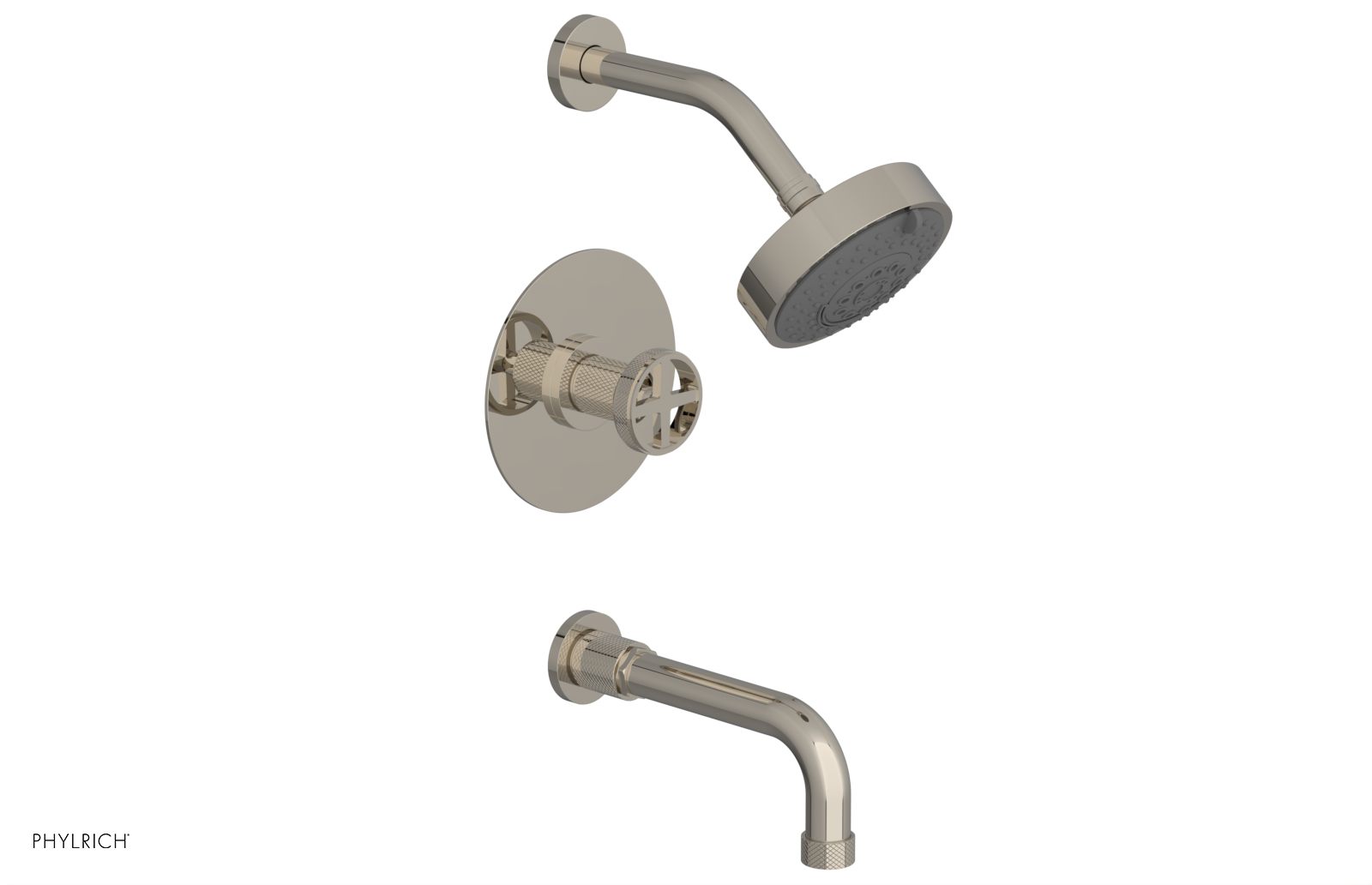 Phylrich Dustrie Knurled Pressure Balance Tub and Shower Set with 7 5/8" Spout and Cross Handle