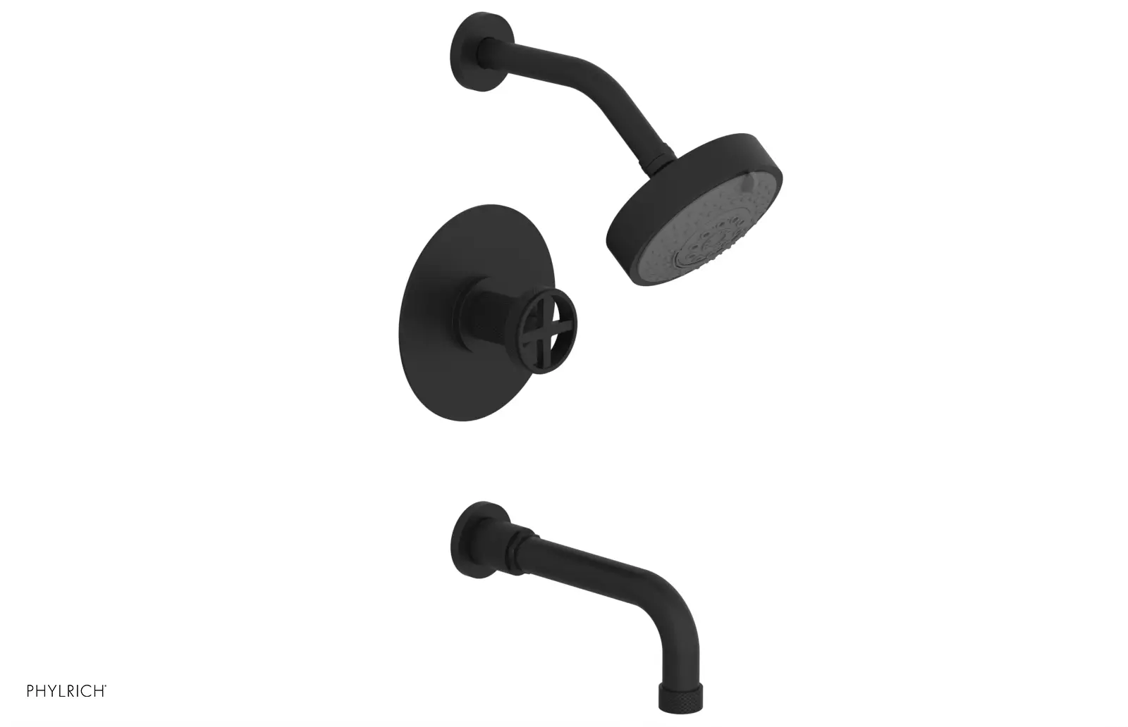 Phylrich Dustrie Knurled Pressure Balance Tub and Shower Set with 7 5/8" Spout and Cross Handle by Phylrich