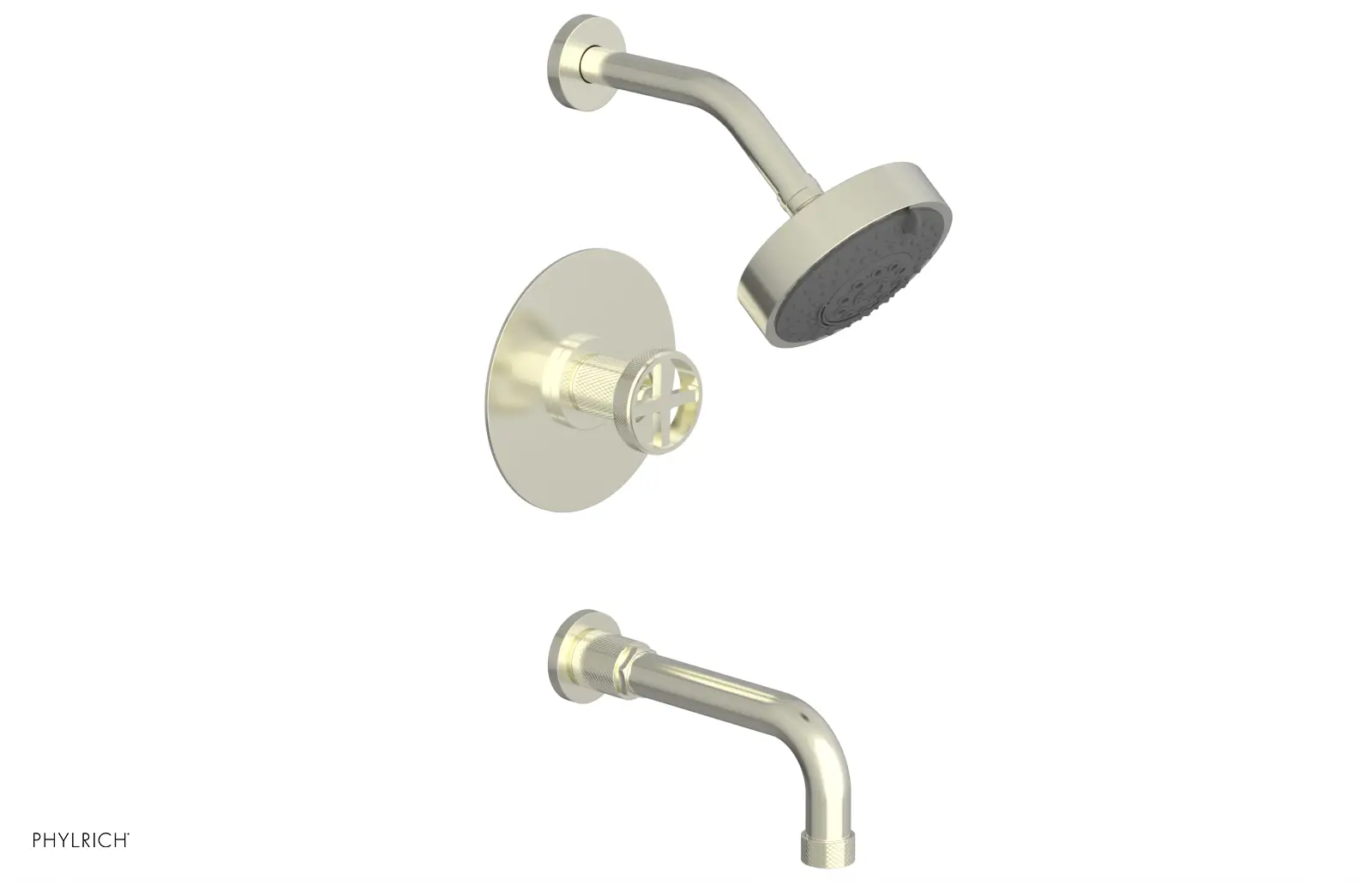 Phylrich Dustrie Knurled Pressure Balance Tub and Shower Set with 7 5/8" Spout and Cross Handle by Phylrich